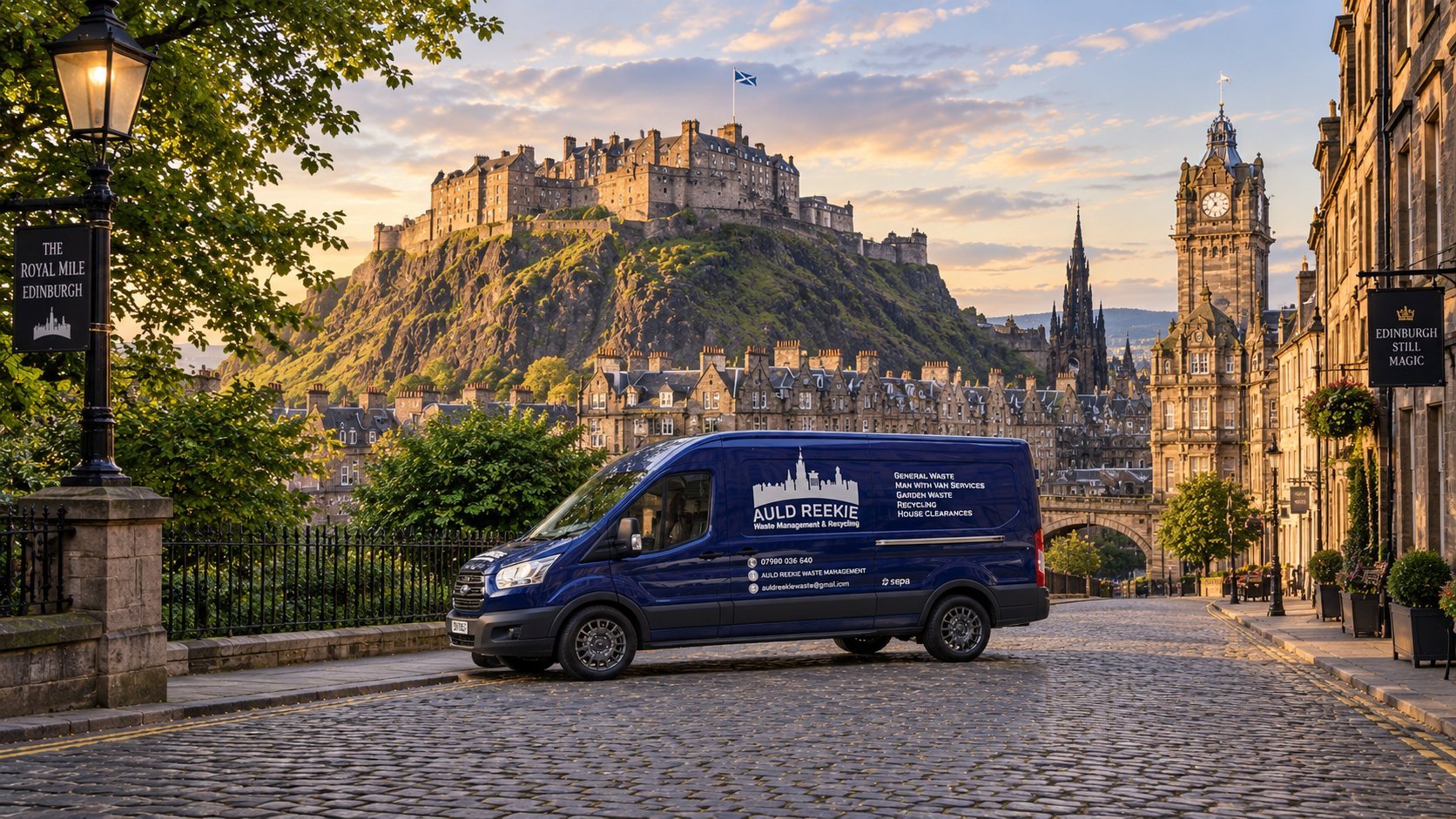 Blue delivery van parked on cobblestone street with Edinburgh Castle and cityscape in background at sunset